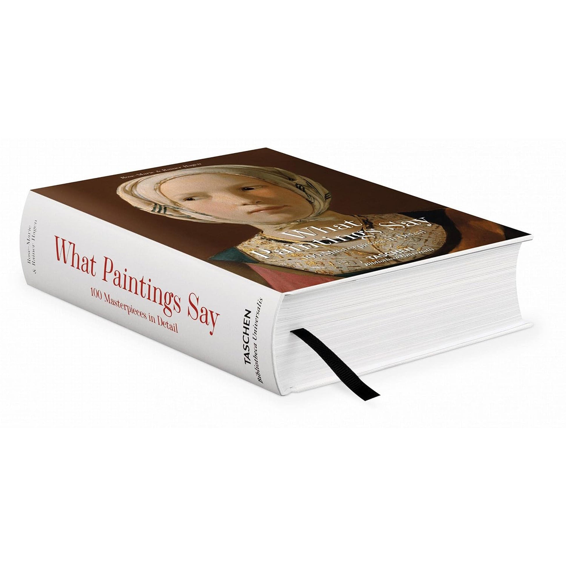 A detailed shot of the spine of the Taschen art book, "What Great Paintings Say: 100 Masterpieces in Detail."