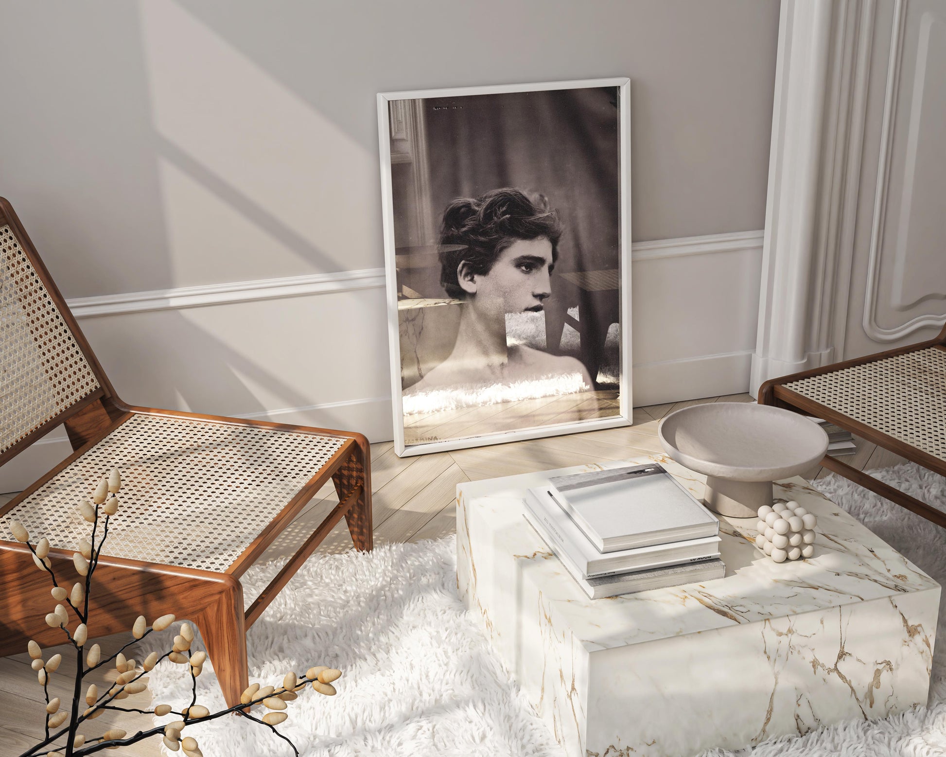 Framed Wilhelm von Gloeden art print displayed in a luxury living room with elegant interior design