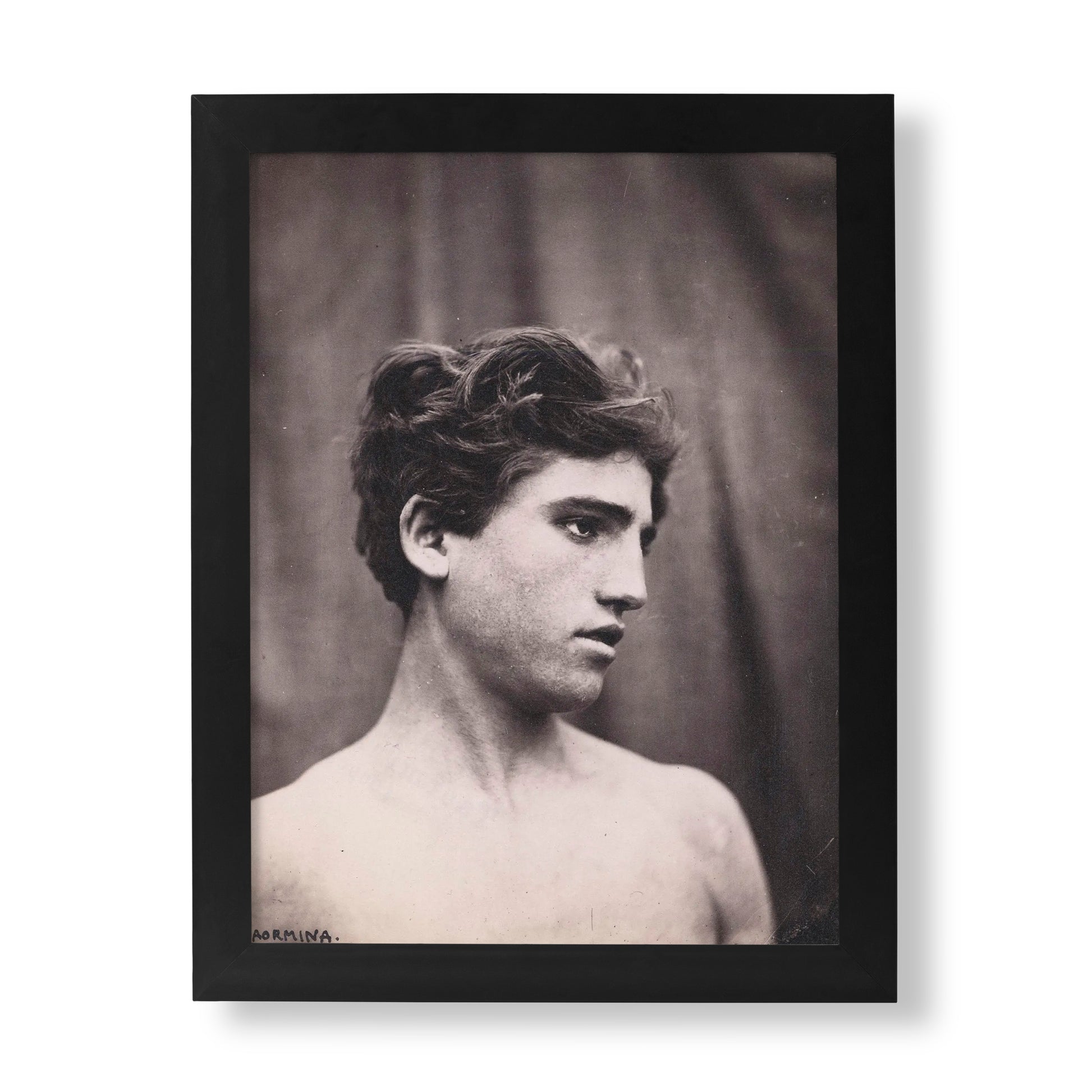 Fine art print of Wilhelm von Gloeden’s Head and Shoulders of a Young Man, classical black and white photography portrait