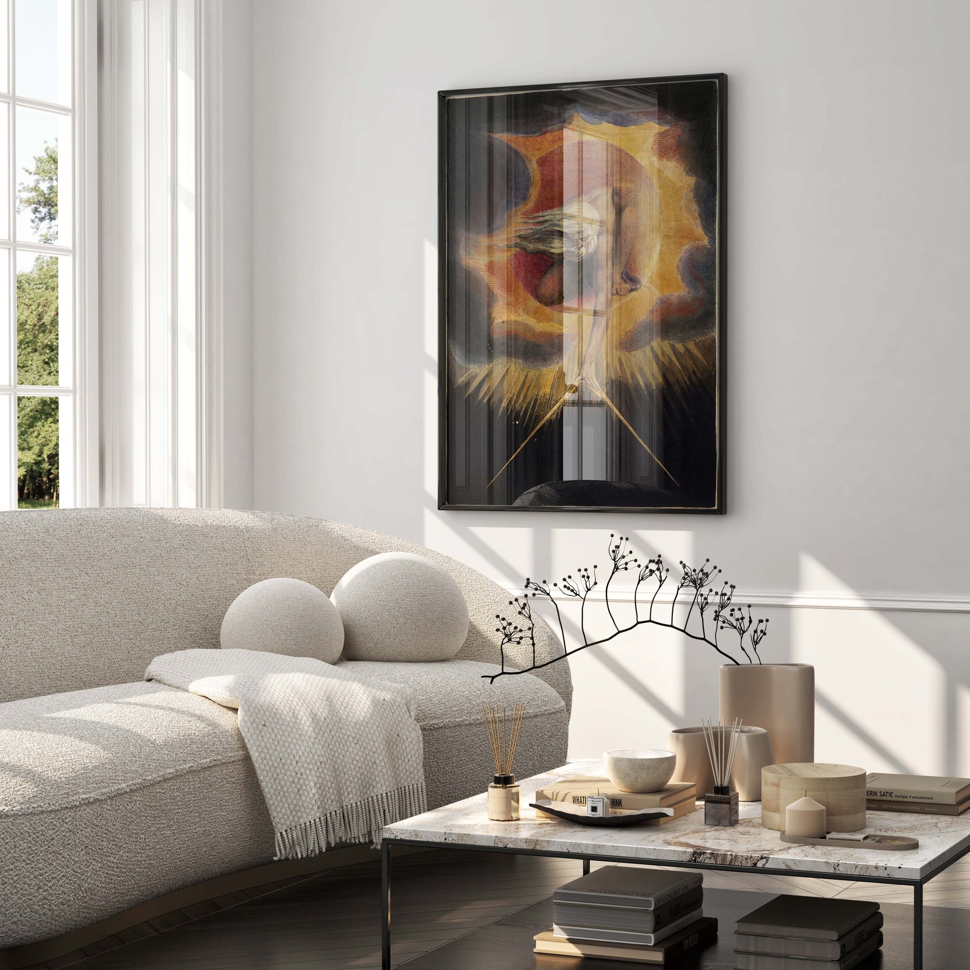Framed William Blake The Ancient of Days print displayed in luxury living room decor
