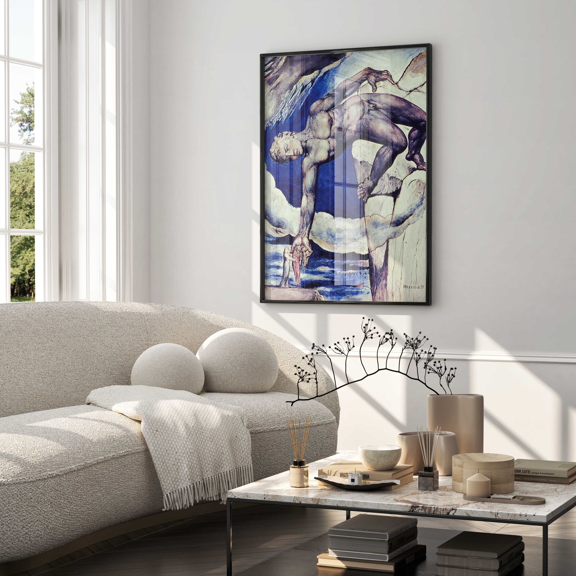 Framed William Blake "Antaeus Setting Down Dante and Virgil" art print, featured as a statement piece in a luxury living room interior.