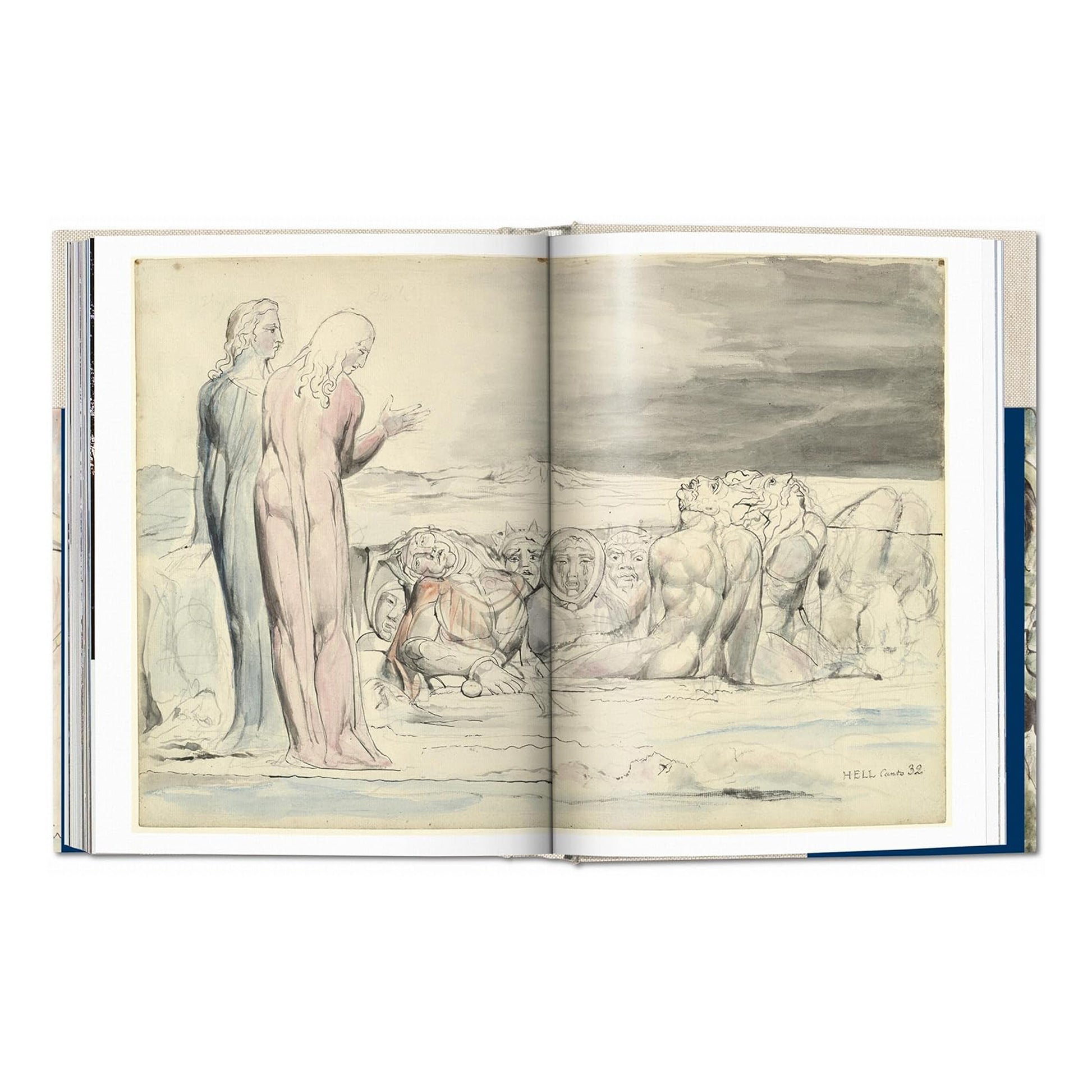 Inside the William Blake art book, a watercolour drawing for Hell Canto 32, featuring Dante and Virgil observing figures frozen in ice.