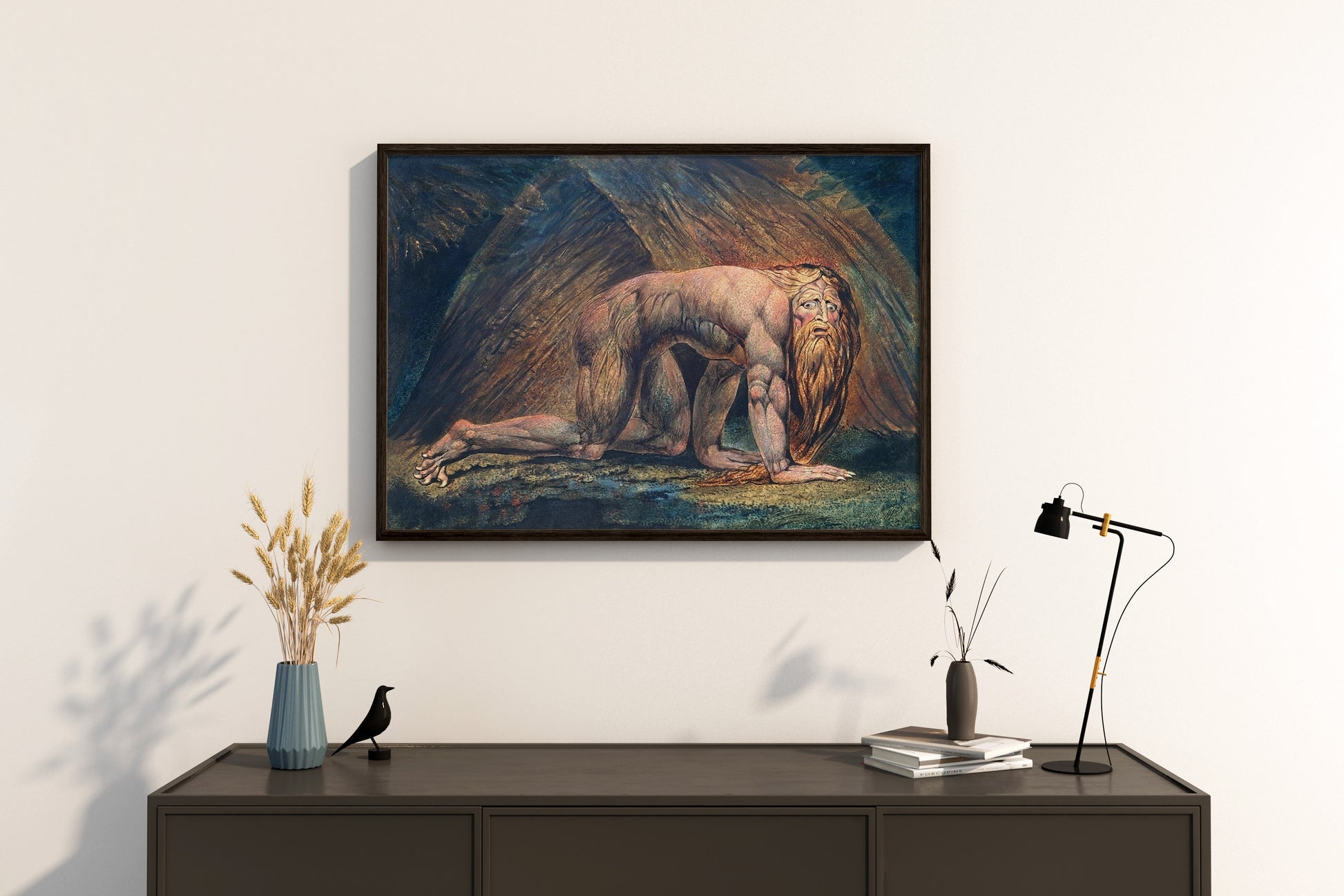 Giclée print of William Blake’s Nebuchadnezzar framed and styled as dramatic wall decor for art lovers