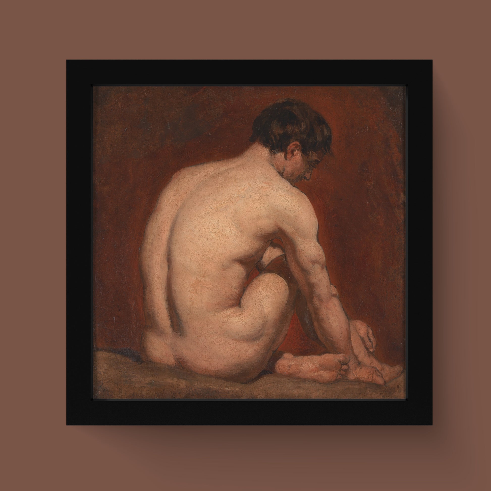 A high-quality giclée fine art print of William Etty's Male Nude, Kneeling, from the Back, perfect for art collectors and home decor.