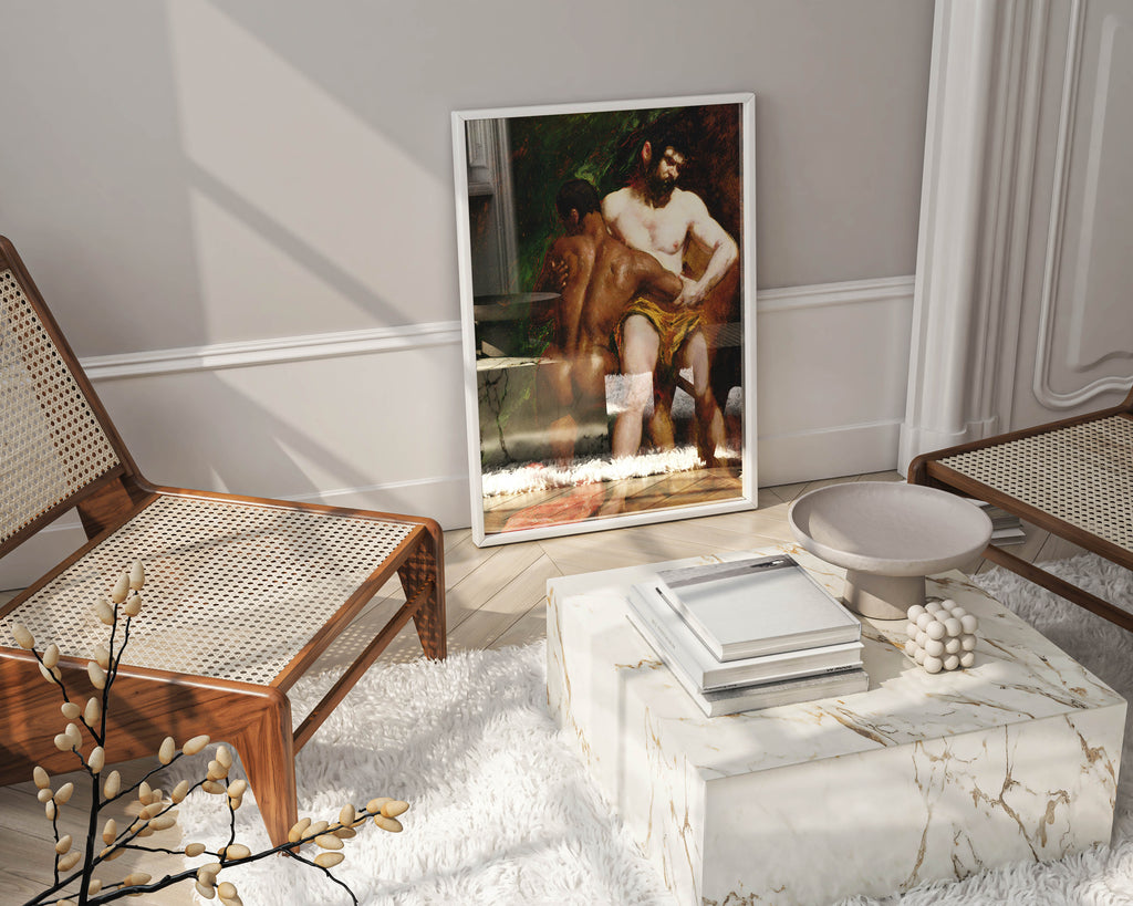 A professional photograph of a framed art print of William Etty's The Wrestlers hanging on a wall, showcasing the premium giclée print quality and elegant frame, perfect for home decor.