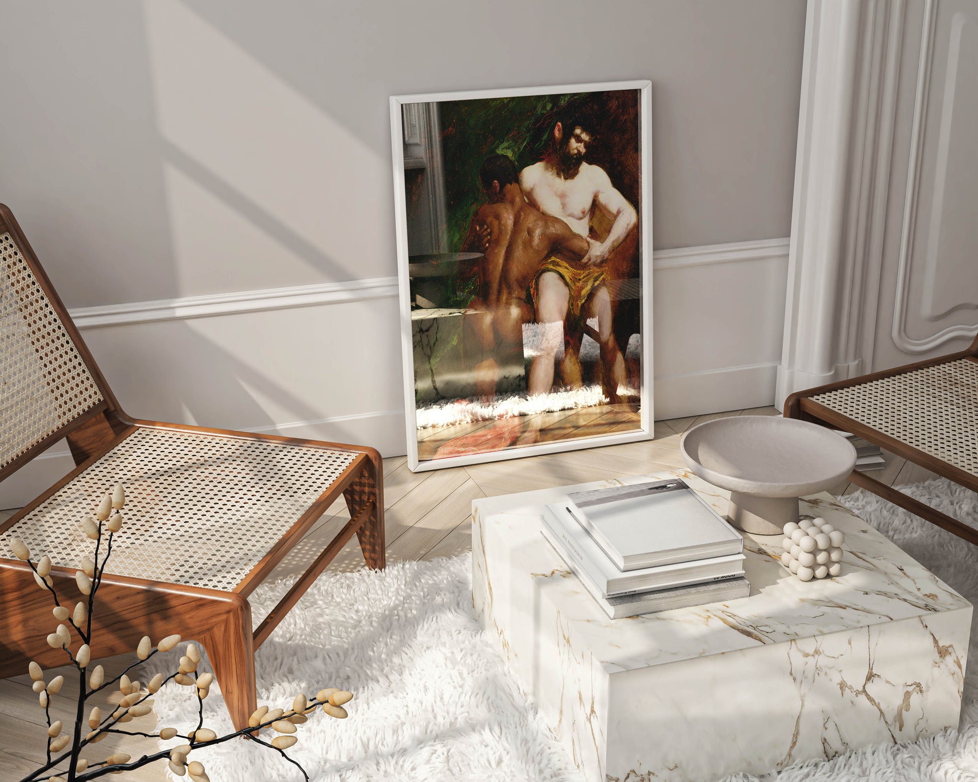 A professional photograph of a framed art print of William Etty's The Wrestlers hanging on a wall, showcasing the premium giclée print quality and elegant frame, perfect for home decor.
