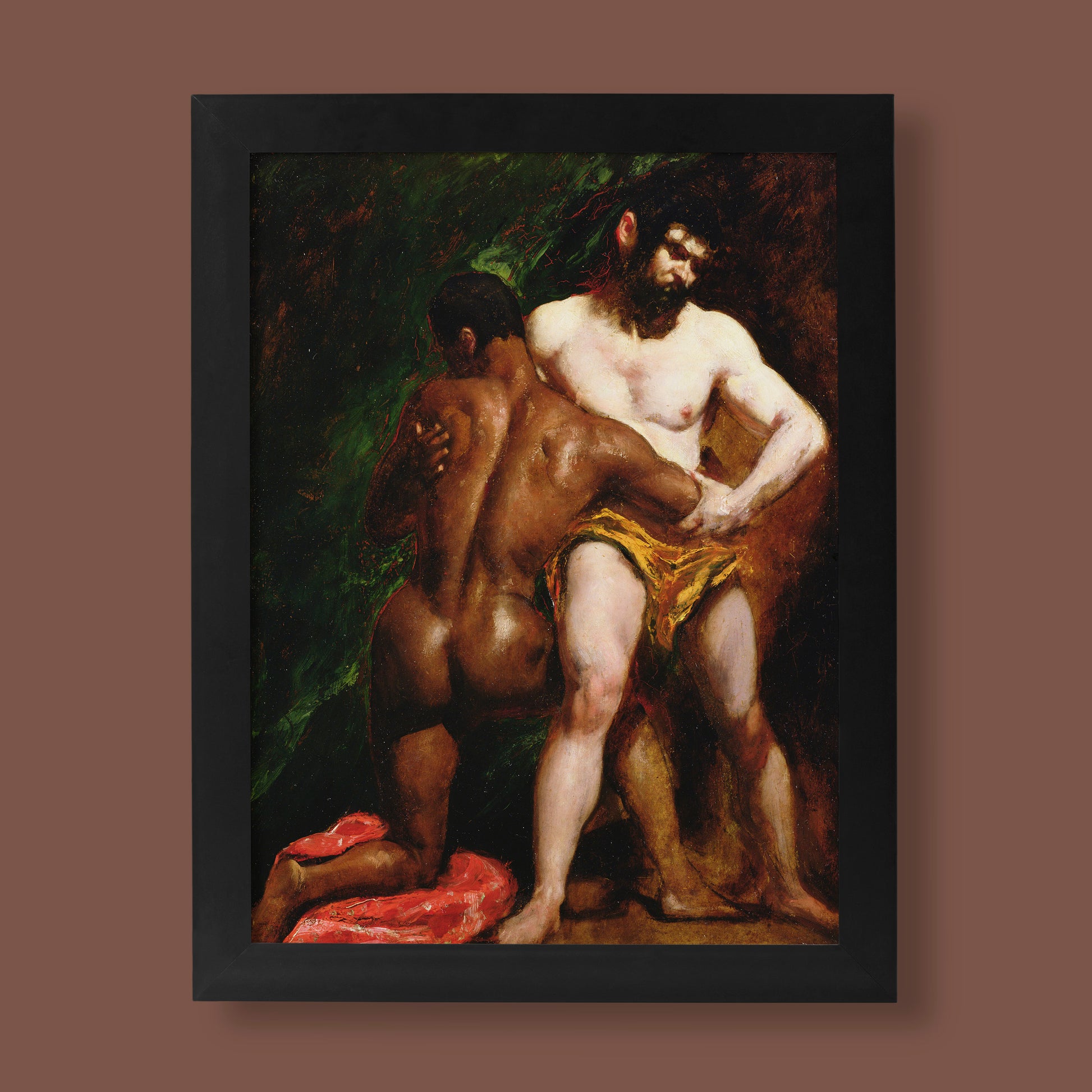 A high-quality art print of William Etty's famous painting, The Wrestlers, showing two men locked in a struggle, a fine example of classical British fine art.