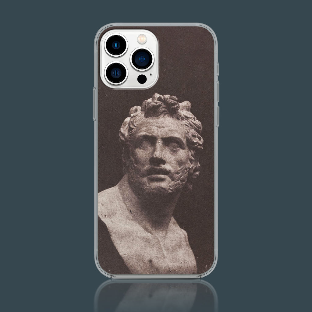 A close-up of the William Henry Fox Talbot 'Bust of Patroclus' fine art phone case, showcasing the detailed historical photography print on the protective dual-layer case.