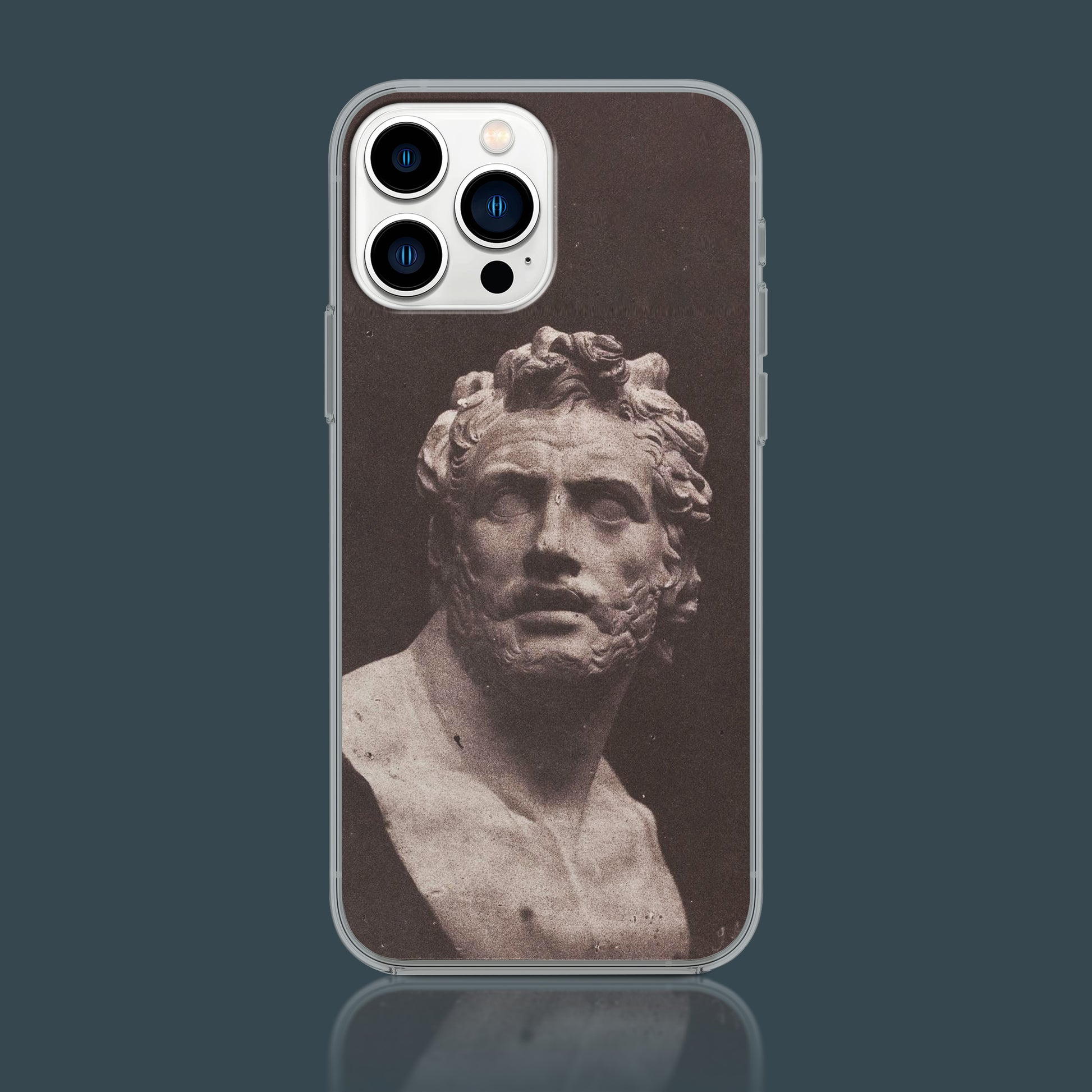 A close-up of the William Henry Fox Talbot 'Bust of Patroclus' fine art phone case, showcasing the detailed historical photography print on the protective dual-layer case.