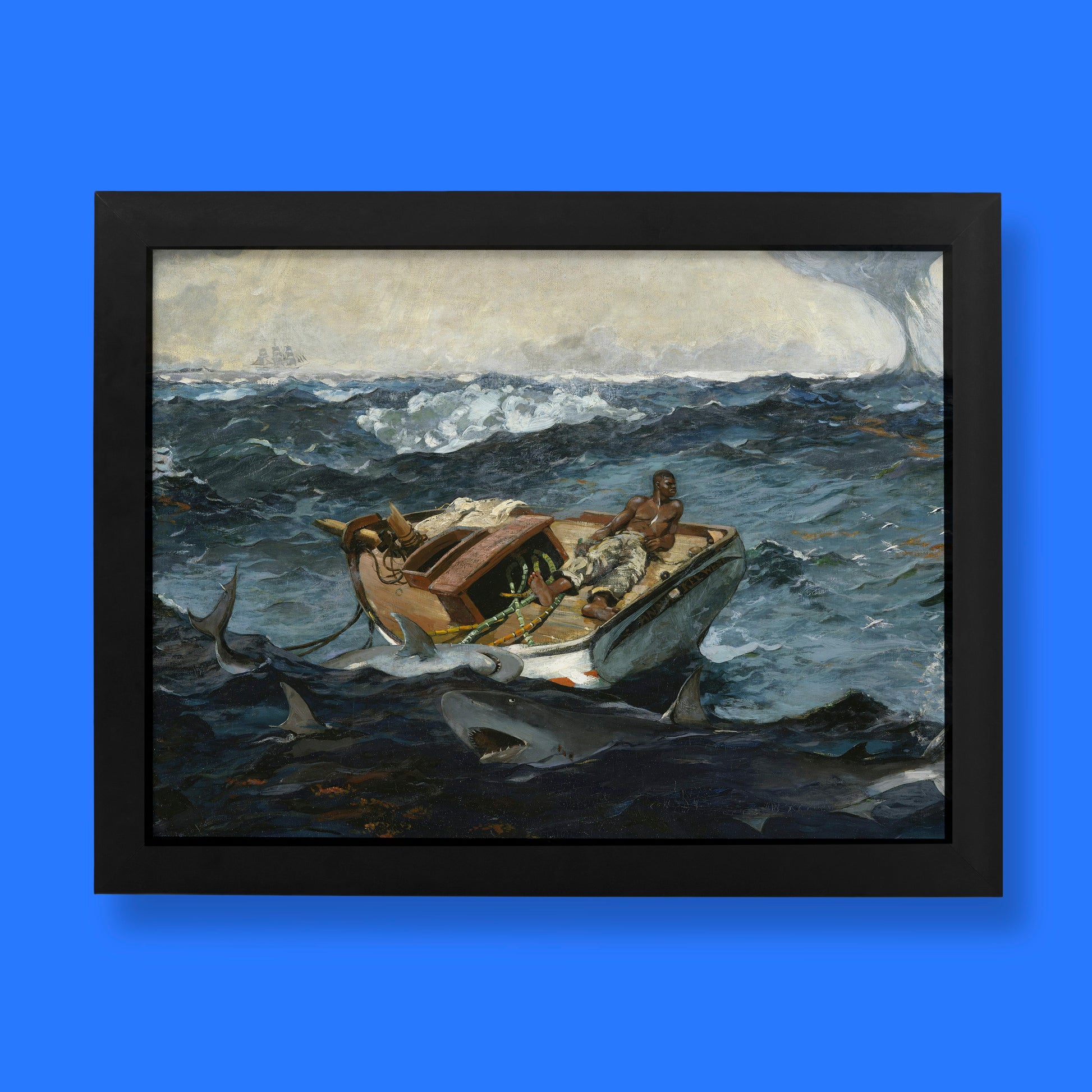 Winslow Homer 'The Gulf Stream' fine art print, a famous oil painting of a man on a boat surrounded by sharks.