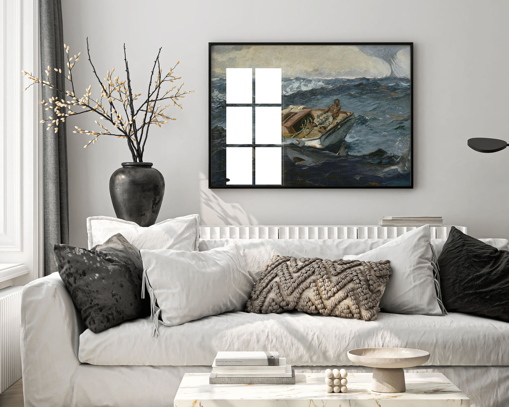 Winslow Homer's 'The Gulf Stream' a famous oil painting, showcased as a framed fine art print on a wall, ready for home decor.