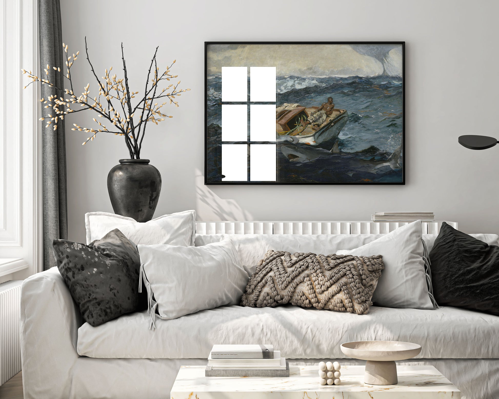 Winslow Homer's 'The Gulf Stream' a famous oil painting, showcased as a framed fine art print on a wall, ready for home decor.