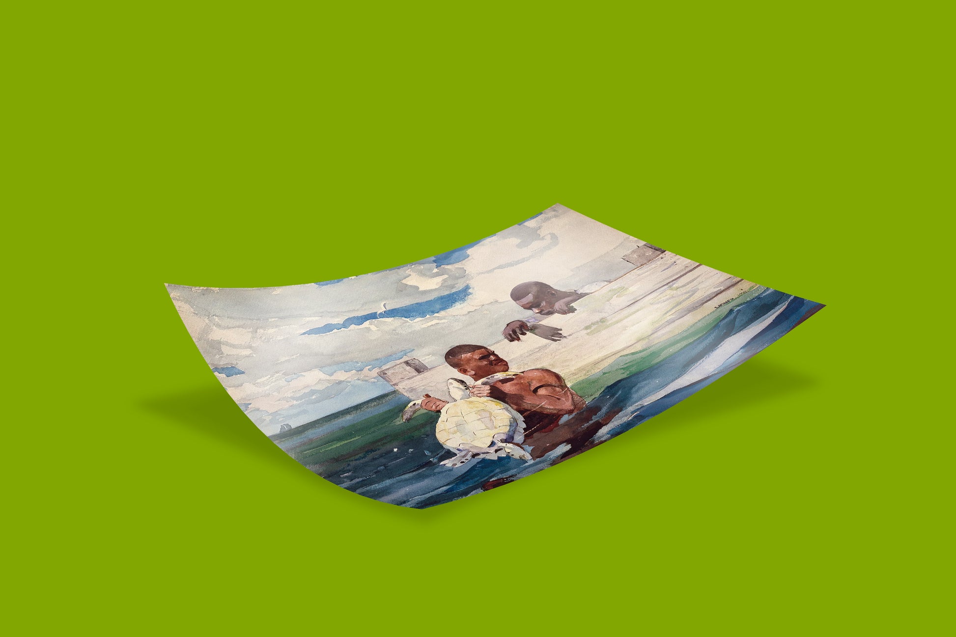 A detailed art reproduction of Winslow Homer's "The Turtle Pound," capturing the light and movement of the water.
