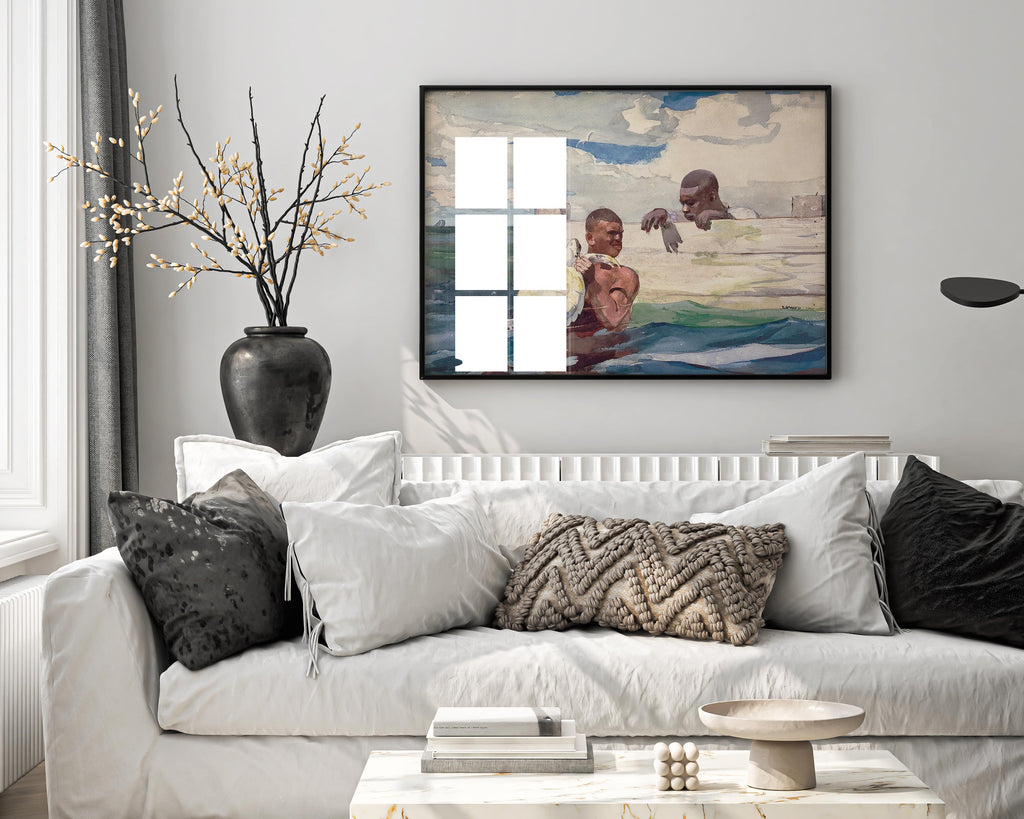 Winslow Homer's "The Turtle Pound" fine art print, professionally framed in black and displayed as stunning wall art in a modern living room.