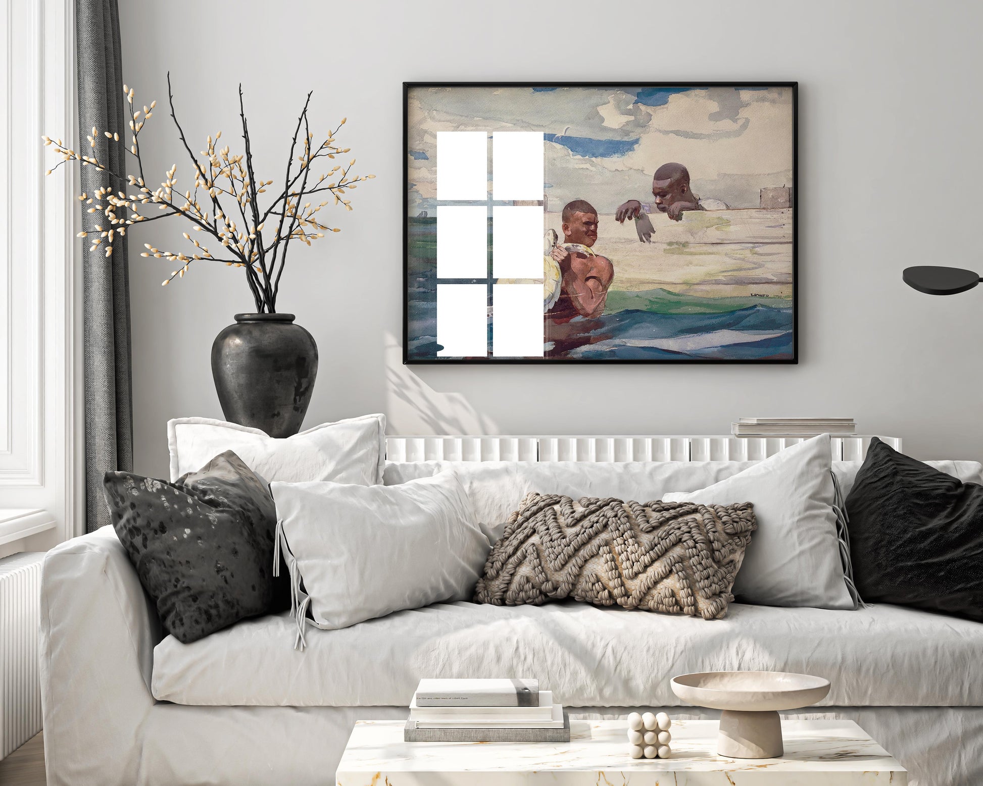 Winslow Homer's "The Turtle Pound" fine art print, professionally framed in black and displayed as stunning wall art in a modern living room.