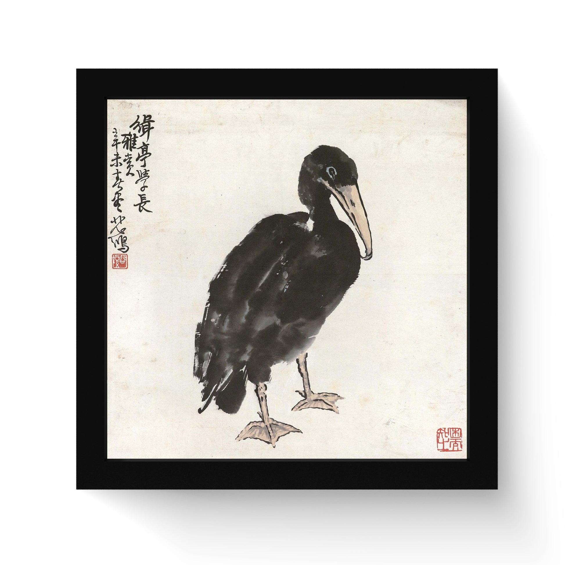 A close-up of a Xu Beihong Cormorant giclée art print, showing the black ink brushstrokes and the fine details of the bird's white beak and legs.