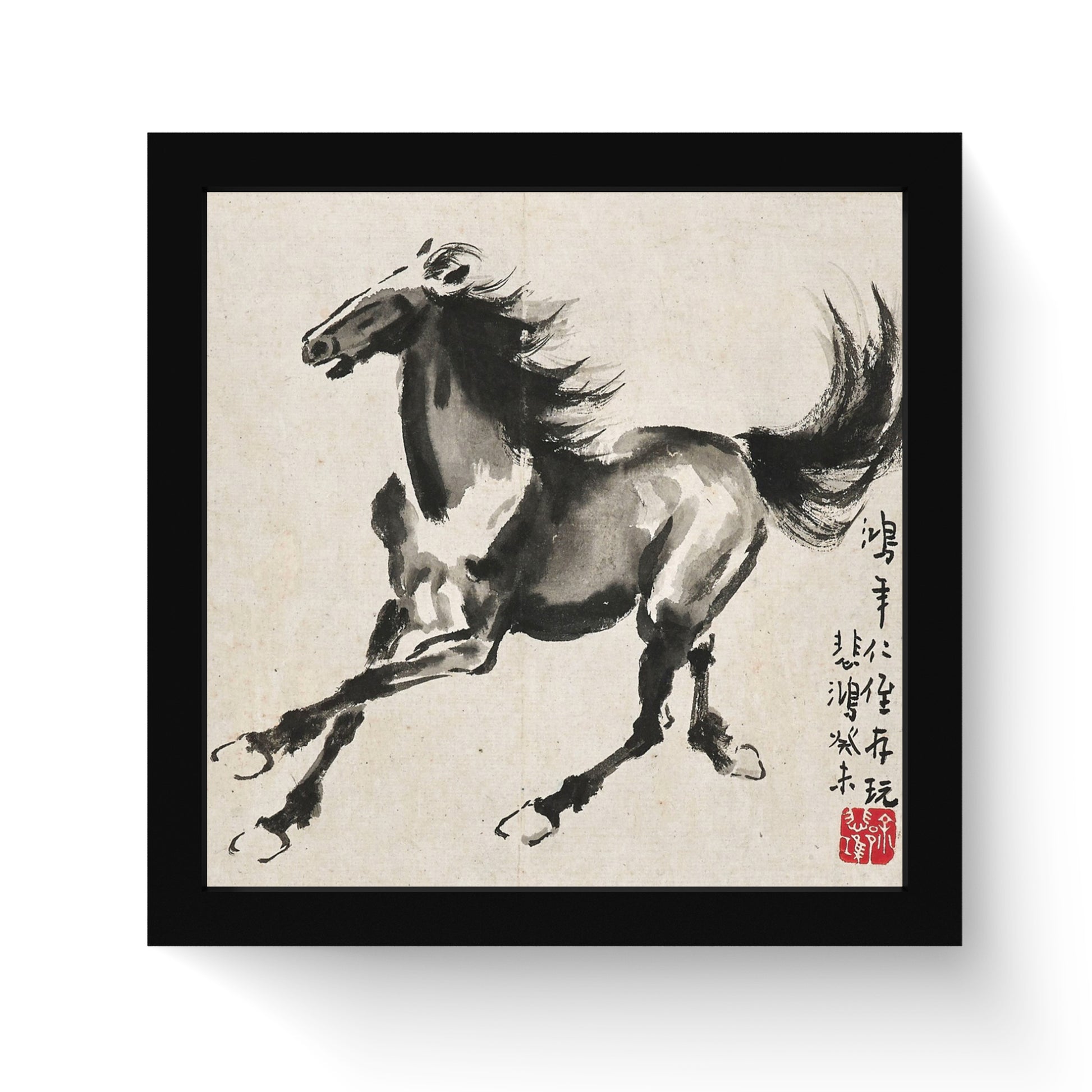 A dynamic ink painting of a running horse by Chinese artist Xu Beihong, ideal as a fine art print and wall art for modern home decor.