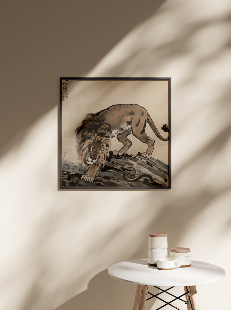 A framed giclée art print of Xu Beihong's "Sidelong Glance" hanging on a beige wall above a small white table with two decorative ceramic jars, showcasing the wall art in a home decor setting.