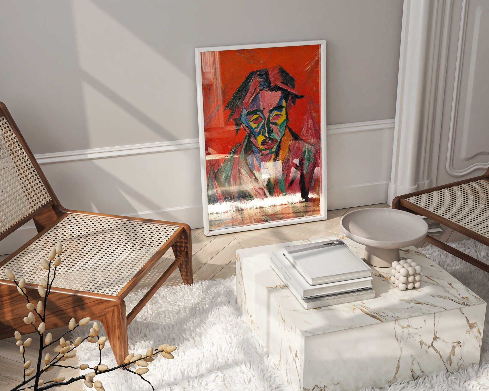 Framed Tetsugorō Yorozu self-portrait fine art print as stunning wall art, ready to hang and instantly elevate any UK interior with its bold modern aesthetic.