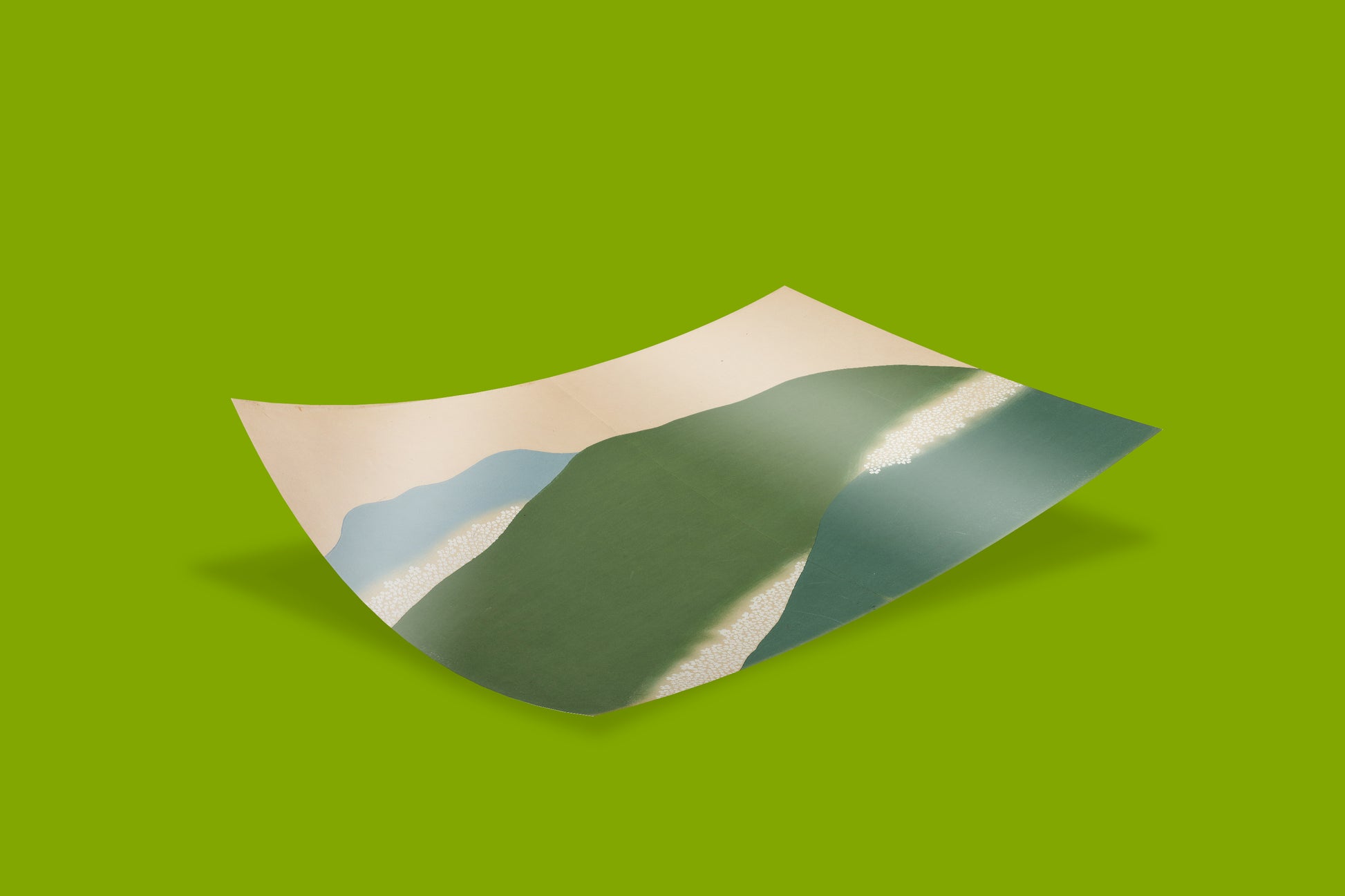 Yoshino cherry blossom mountain Japanese fine art print by Kamisaka Sekka, traditional Asian wall art with muted green and blue tones for modern interiors