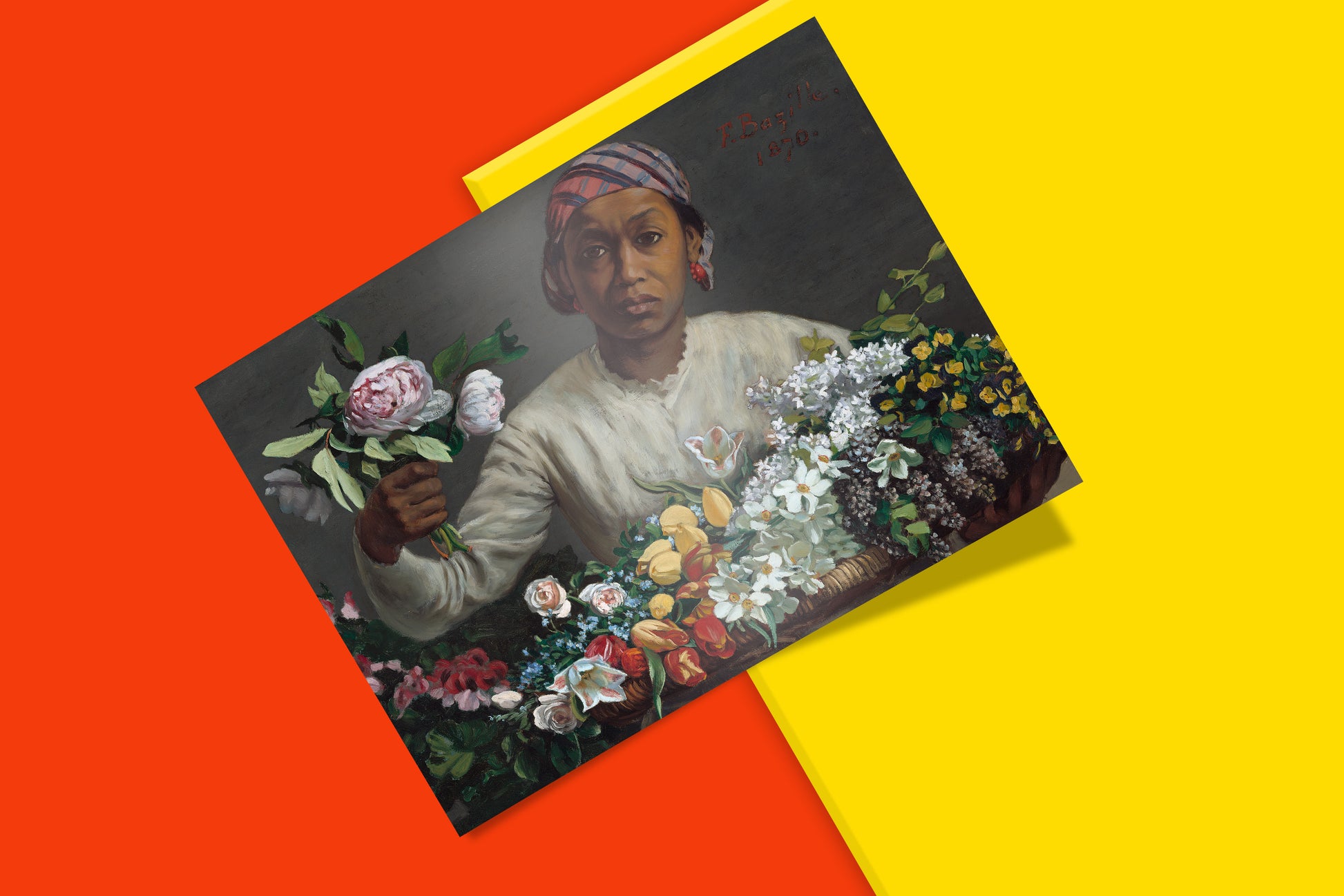 ART SNOB's Impressionist wall art print of Frédéric Bazille's masterpiece, Young Woman with Peonies, showing a woman with a basket of blooms.